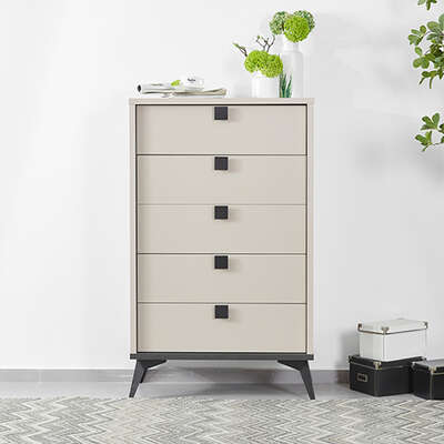 Tallboy With 5 Storage Drawers Mdf Combination Of Champagne And Black Colour