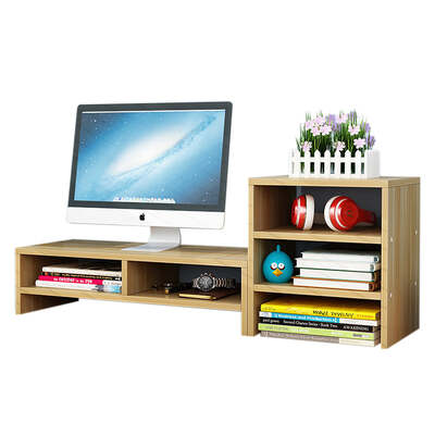 Wooden Monitor Riser Stand With 3-Tier Shelves (Walnut Wood, Style 02)