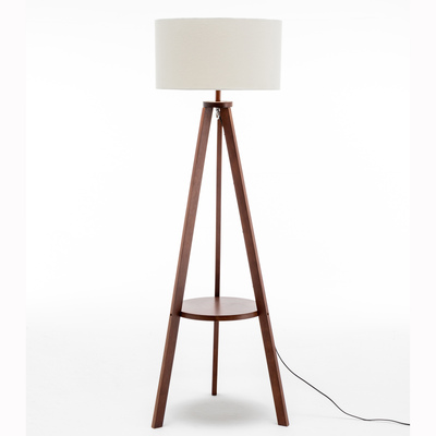 Wooden Tripod Floor Lamp W/ Round Shelf + Off White Linen Shade - Cherry