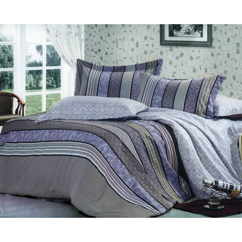 Queen Size Purple Striped Floral Quilt Cover Set (3PCS)