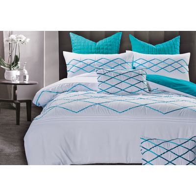 Queen Size White and Turquoise Blue Quilt Cover Set (3PCS)