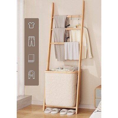 Wall Leaning Ladder Shelf With Laundry Basket Clothes Hamper Bath Towel Rack