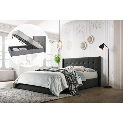 Queen Sized Winged Fabric Bed Frame with Gas Lift Storage in Charcoal