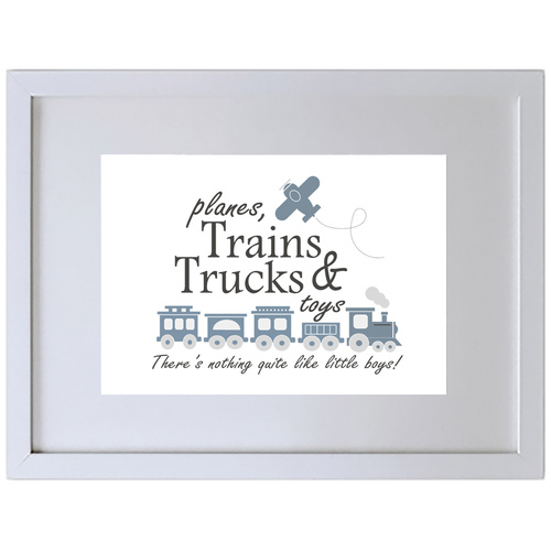 Planes Trains Trucks and Toys (210 x 297mm, White Frame)