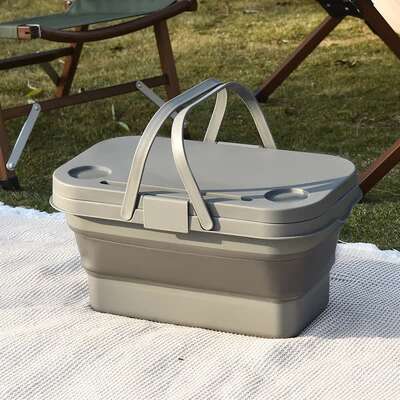 Grey Foldable Outdoor Picnic Basket with Lid and Tabletop, Camping Storage Box