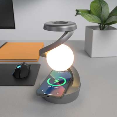 Black 360° Rotating Floating Night Light – Wireless Charging Table Lamp | 7-Color RGB