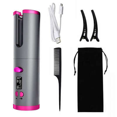 Grey And Pink Automatic Hair Curler - Usb Rechargeable, Safe And Portable Curling Iron For Quick Styling, Anti-Scald Design, Compact And Lightweight