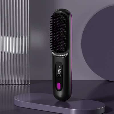 Black Wireless Hair Straightening Brush - Compact And Rechargeable Styling Tool