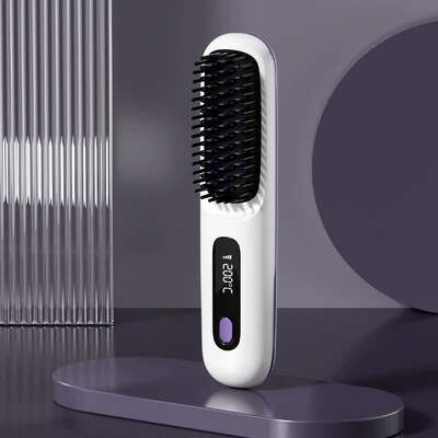 White Wireless Hair Straightening Brush - Compact And Rechargeable Styling Tool