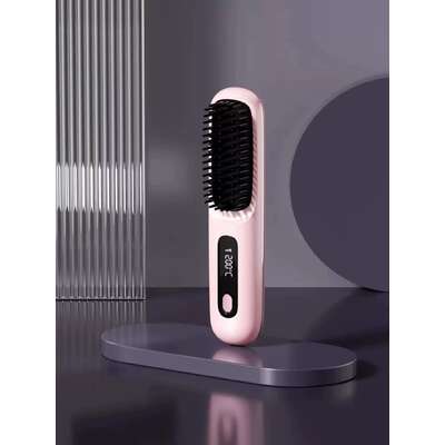 Pink Wireless Hair Straightening Brush - Compact And Rechargeable Styling Tool