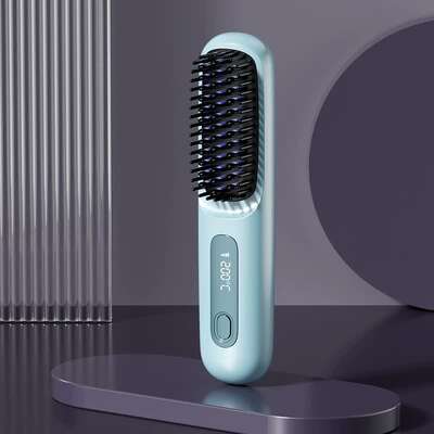 Blue Wireless Hair Straightening Brush - Compact And Rechargeable Styling Tool