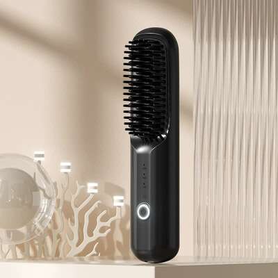 Black Rechargeable Wireless Hair Straightening Brush - Sleek And Portable Styling Tool