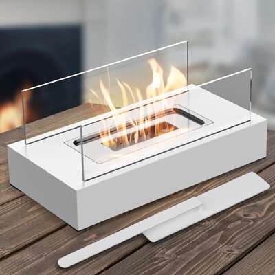 Not Removable Portable  Tabletop Bioethanol Fireplace - White Rectangular Design With Glass Shields