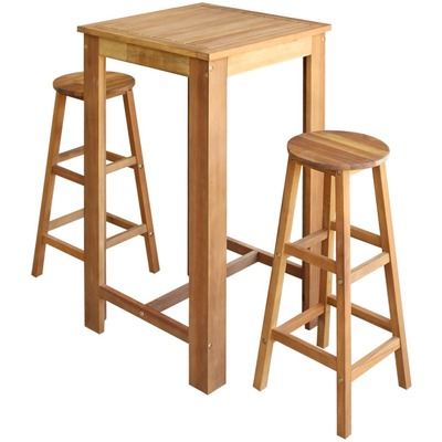 Three Piece Bar Table and Stool Set Solid Acacia Wood