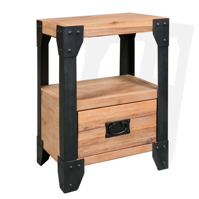 Nightstand Solid Acacia Wood Steel