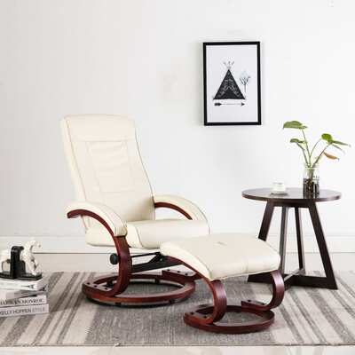 Reclining Chair with Footstool Cream Faux Leather