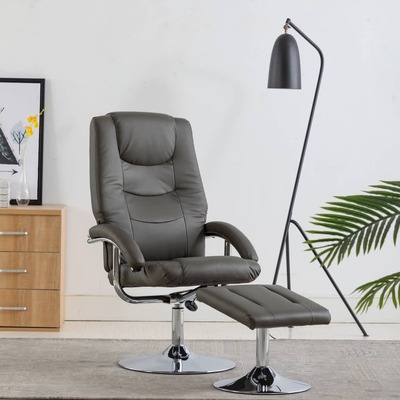 Reclining Chair with Footstool Grey faux Leather