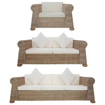 3 Piece Sofa Set with Cushions Natural Rattan