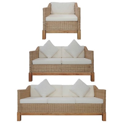 3 Piece Sofa Set with Cushions Natural Rattan