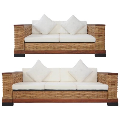 2 Piece Sofa Set with Cushions Brown Natural Rattan