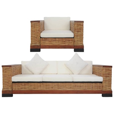 2 Piece Sofa Set with Cushions Brown Natural Rattan