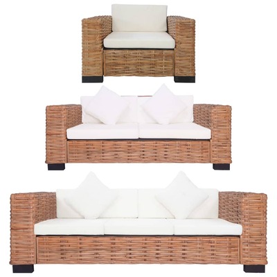 3 Piece Sofa Set with Cushions Natural Rattan