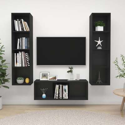 3 Piece TV Cabinet Set Black Engineered Wood