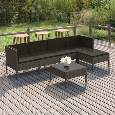 Grey Rattan Retreat: 6-Piece Garden Lounge Set with Plush Cushions