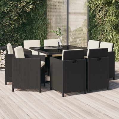 Rattan Noir Feast: 9-Piece Black Poly Rattan Garden Dining Set with Plush Cushions