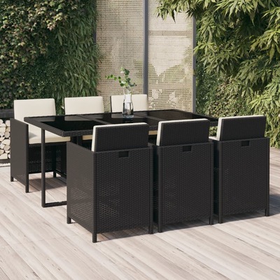 Rattan Noir Dining Splendor: 7-Piece Garden Dining Set in Black with Plush Cushions