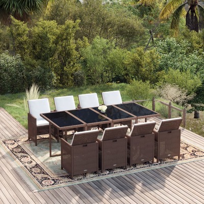 9 Piece Garden Dining Set with Cushions Poly Rattan Brown