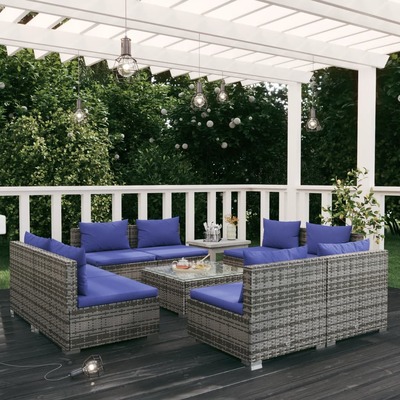 9 Piece Garden Lounge Set Grey with Cushions Poly Rattan