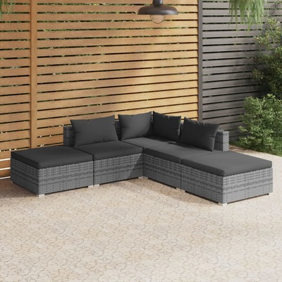 Grey Rattan Oasis: 5-Piece Garden Lounge Set with Plush Cushions