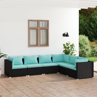 6 Piece Garden Lounge Set Black with Cushions Poly Rattan