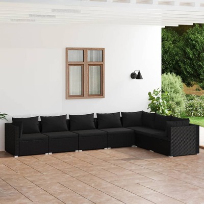 Rattan Noir Comfort Oasis: 7-Piece Garden Lounge Set in Black with Plush Cushions