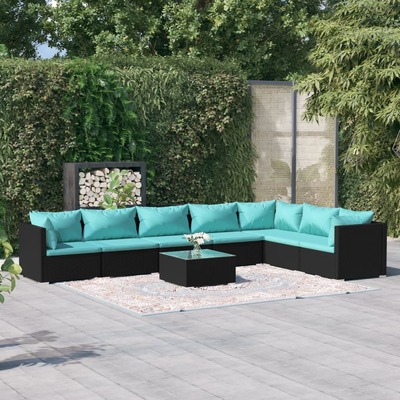 8 Piece Garden Lounge Set with Cushions Black Poly Rattan