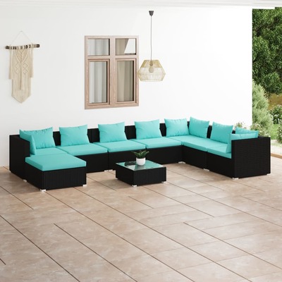 9 Piece Garden Lounge Set Black with Cushions Poly Rattan