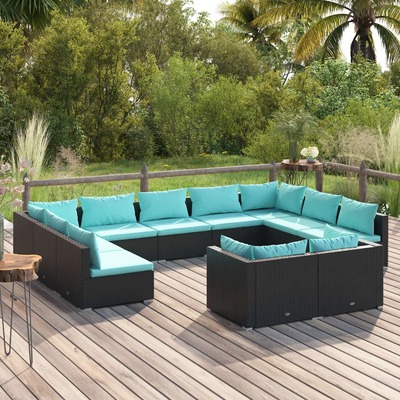 11 Piece Garden Lounge Set with Cushions Poly Rattan (Black)