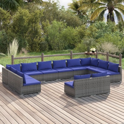 12 Piece Garden Lounge Set with Cushions Grey Poly Rattan