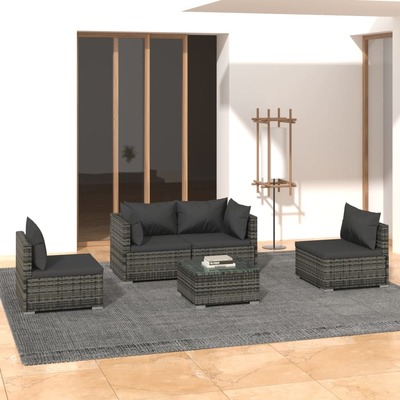 Urban Chic Comfort: 5-Piece Grey Poly Rattan Garden Lounge Set with Cushions