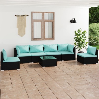 7 Piece Garden Lounge Set with Cushions Poly Rattan- Black