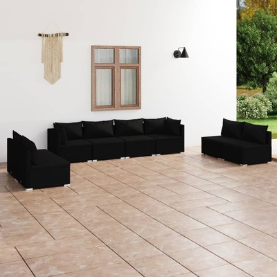 Noir Rattan: 8-Piece Black Poly Rattan Garden Lounge Set with Plush Cushions