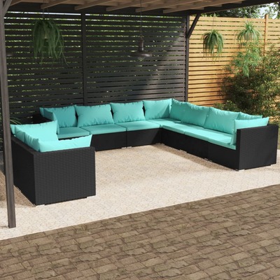 9 Piece Garden Lounge Set with Cushions Black Poly Rattan