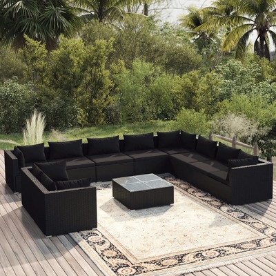 Rattan Noir Grandeur: 11-Piece Black Poly Rattan Garden Lounge Set with Plush Cushions