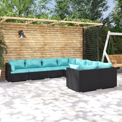 Garden Lounge Set with Cushions Poly Rattan Black 8 Piece