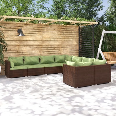 8 Piece Garden Lounge Set with Cushions Brown Poly Rattan