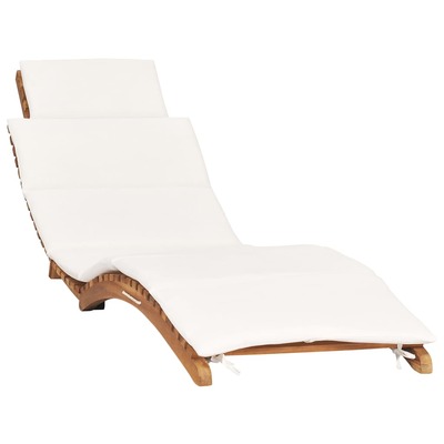 Folding Sun Lounger with Cream White Cushion Solid Teak Wood