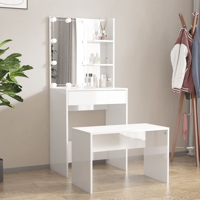 Dressing Table Set with LED High Gloss White- Engineered Wood