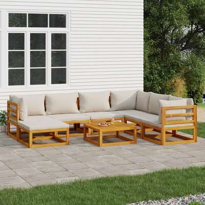 Grey Garden Octet: 8-Piece Solid Wood Lounge Ensemble with Light Cushions