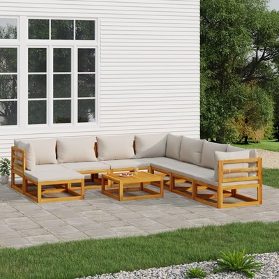 Grey Garden Nonet: 9-Piece Solid Wood Lounge Ensemble with Light Cushions